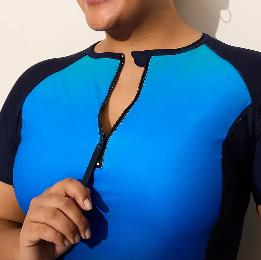 Lane Bryant Cacique Mermaid Blue Quarter Zip Short-Sleeve Swim Rash Guard Top 24 - Picture 5 of 5